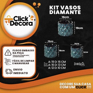 Kit 3 Vasos Cachepot Diamantes Para Decoração