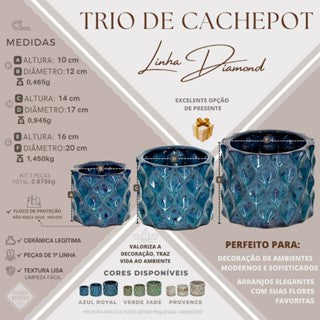 Trio cachepot  cerâmica plantas louça exclusivo lançamento luxo varias cores jardinagem decoração
