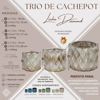 Trio cachepot  cerâmica plantas louça exclusivo lançamento luxo varias cores jardinagem decoração
